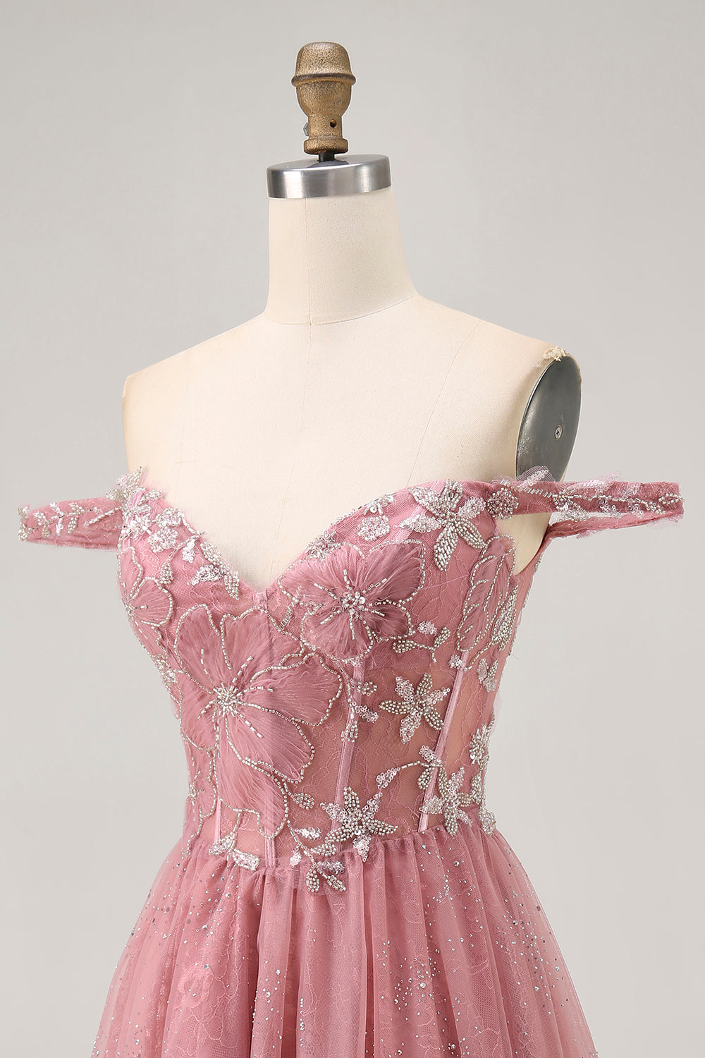 Sparkly Dusty Rose Lace Floral Short Corset Homecoming Dress