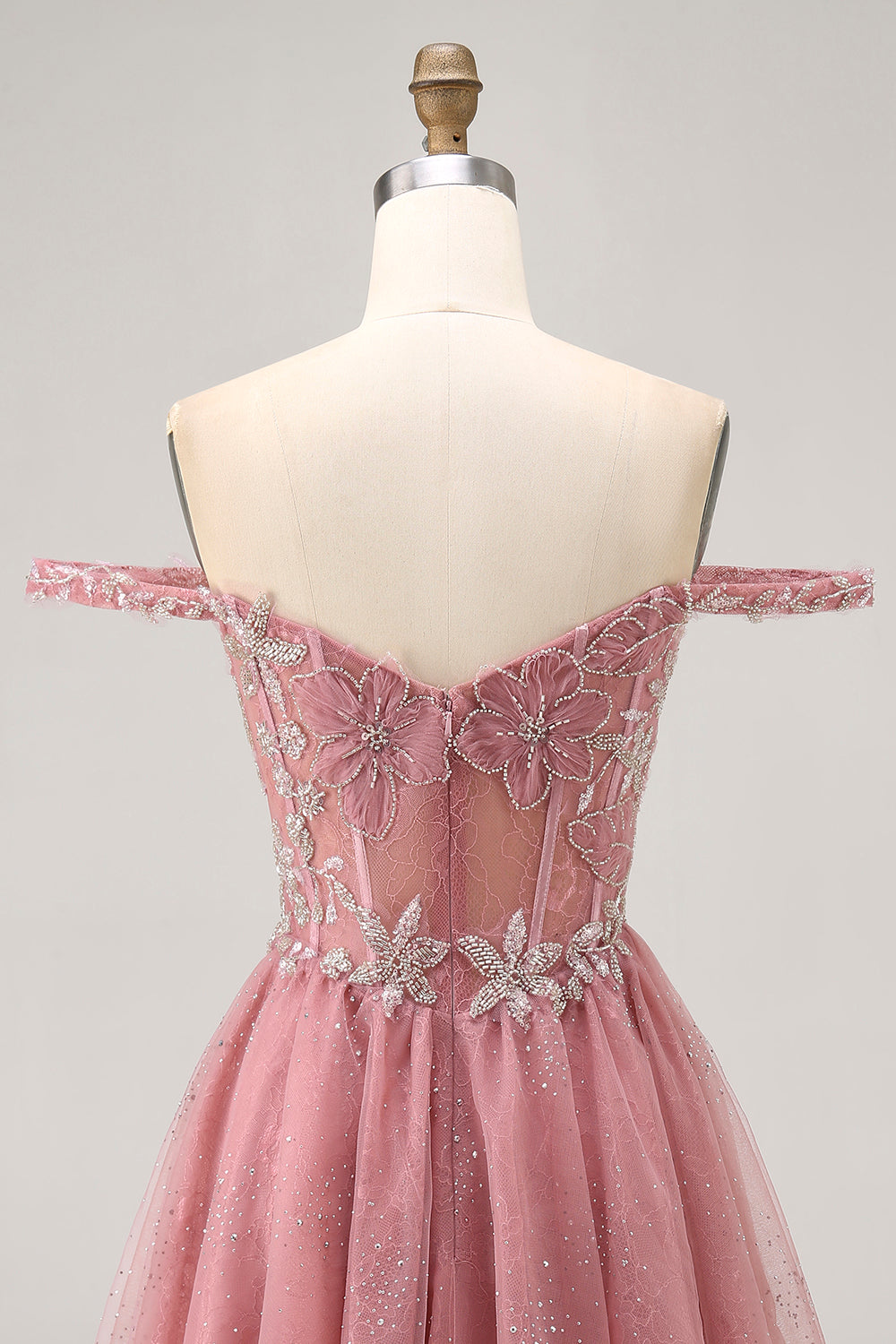 Sparkly Dusty Rose Lace Floral Short Corset Homecoming Dress