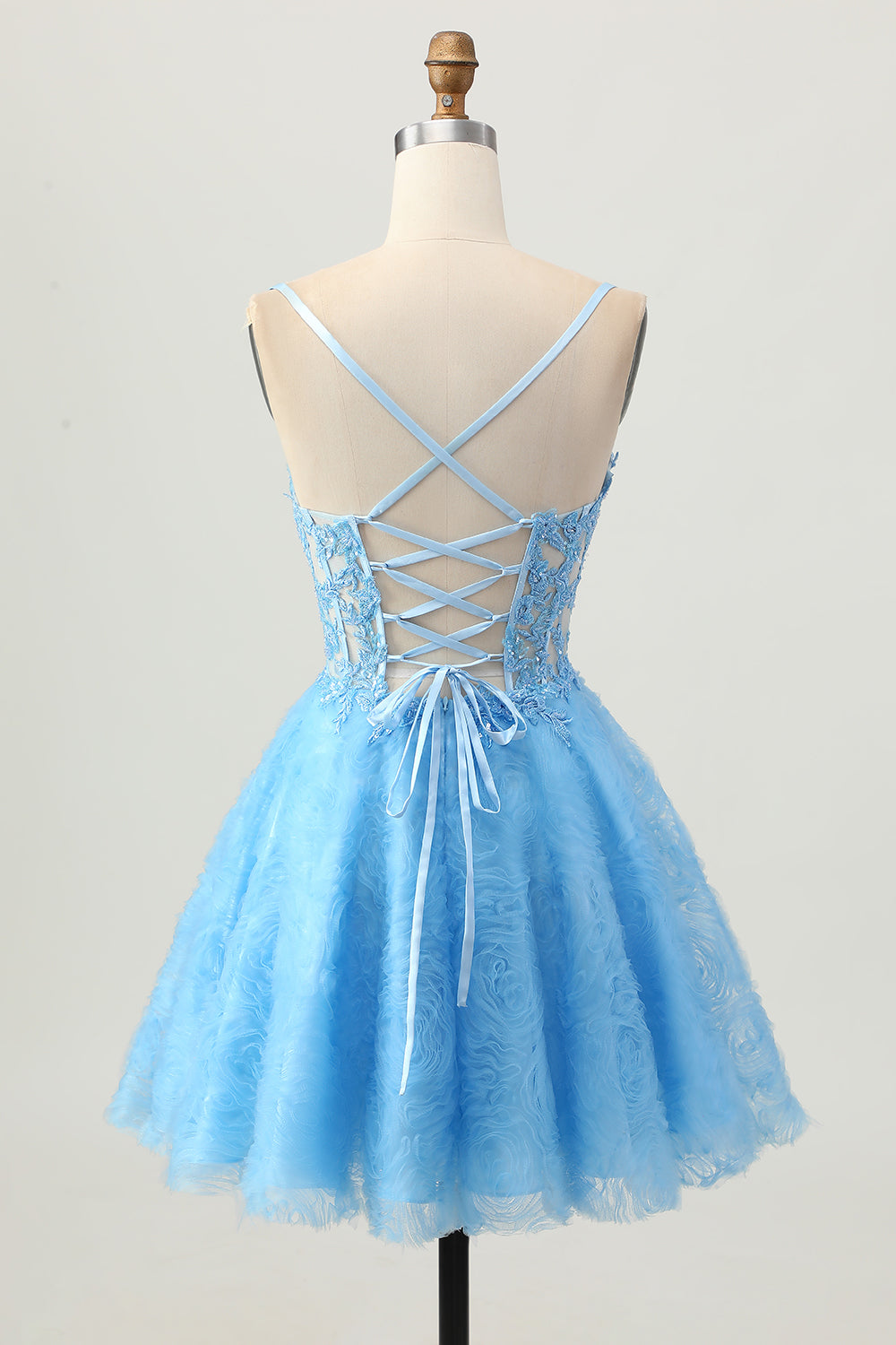 Floral Blue Spaghetti Straps Corset Short Homecoming Dress with Lace
