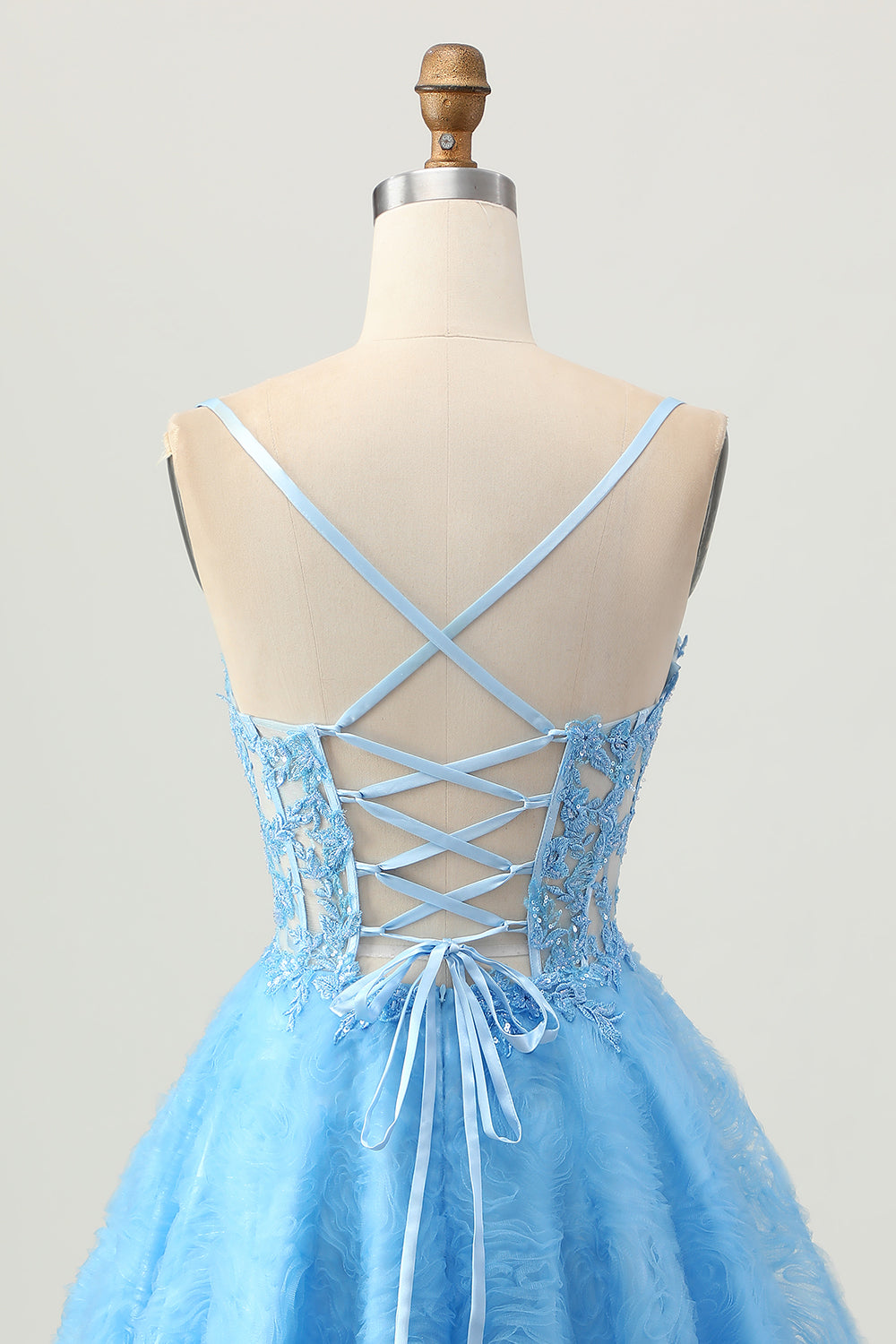 Floral Blue Spaghetti Straps Corset Short Homecoming Dress with Lace
