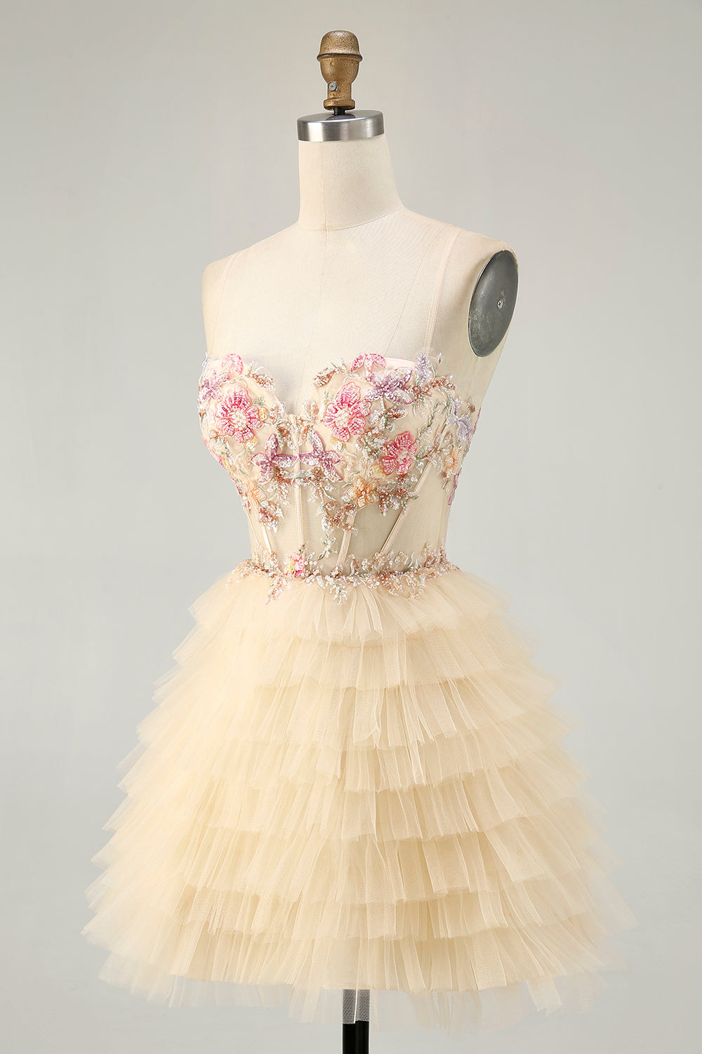 Apricot Floral Short Corset Tiered Homecoming Dress with Ruffles
