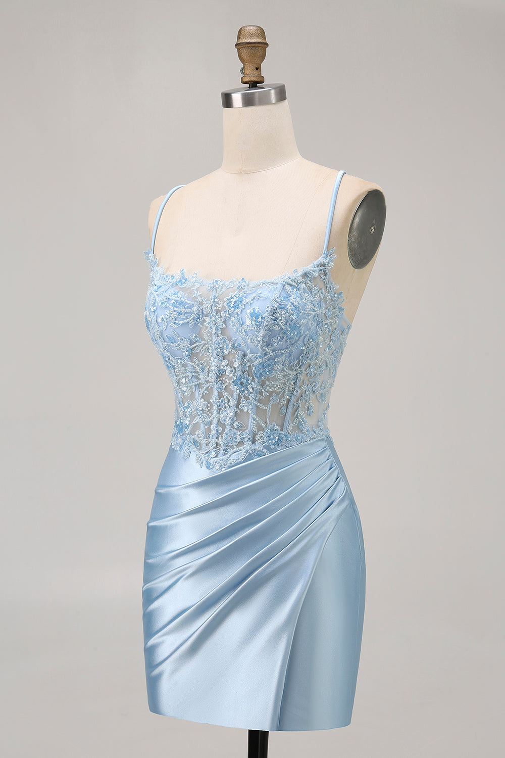 Sparkly Satin Blue Tight Short CorsetHomecoming Dress with Lace