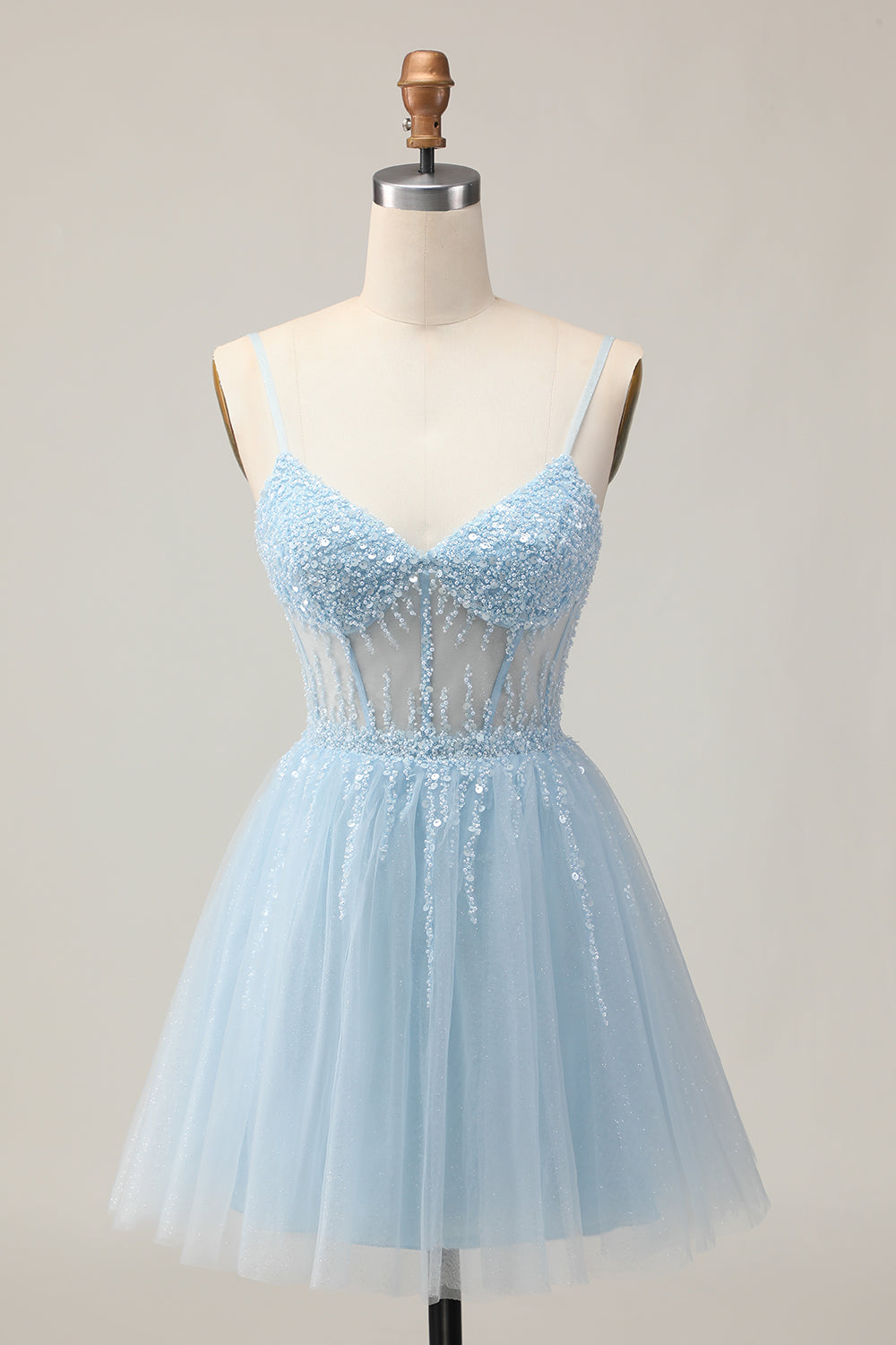 Sparkly Light Blue Tulle A Line Short Corset Homecoming Dress with Beading
