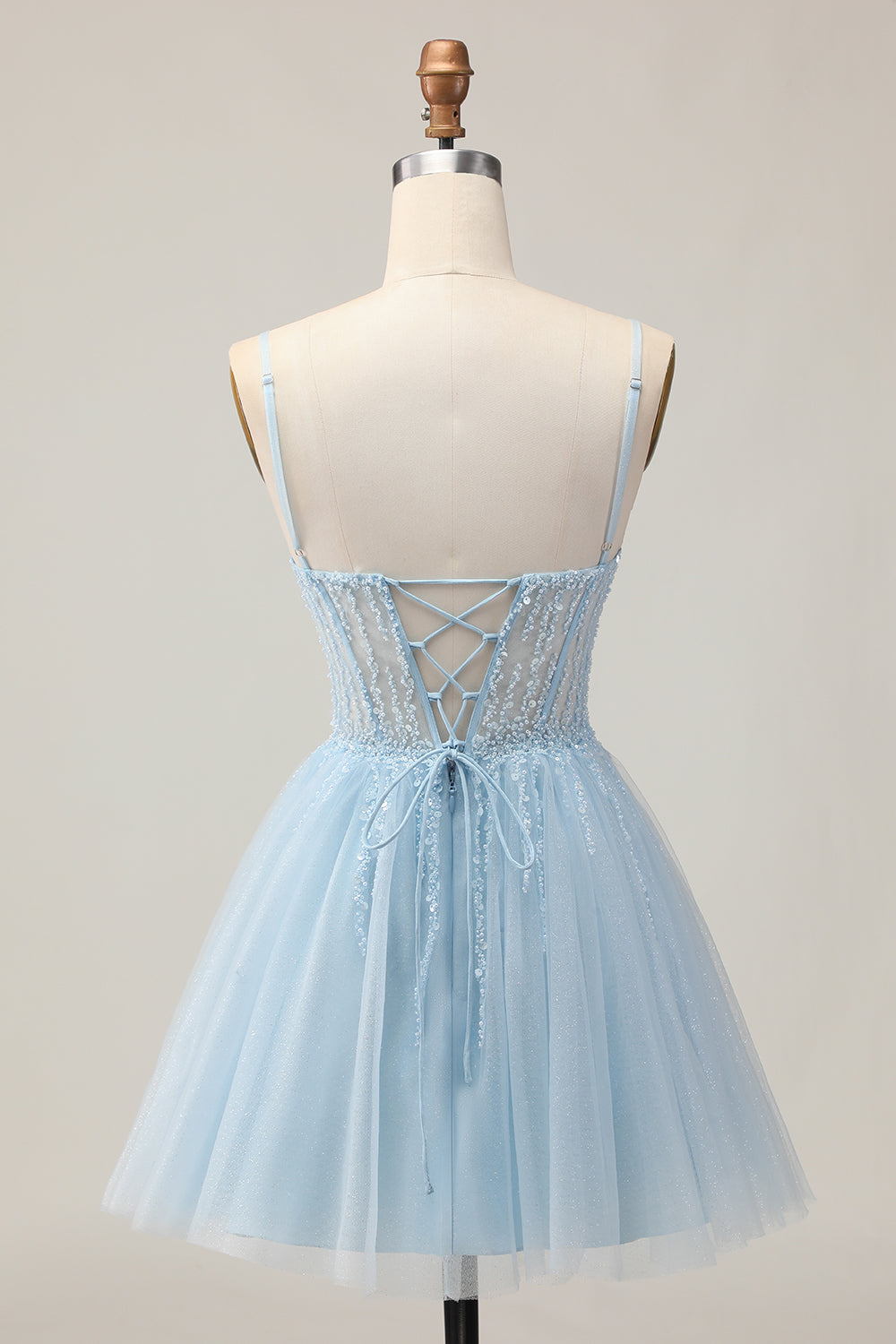 Sparkly Light Blue Tulle A Line Short Corset Homecoming Dress with Beading