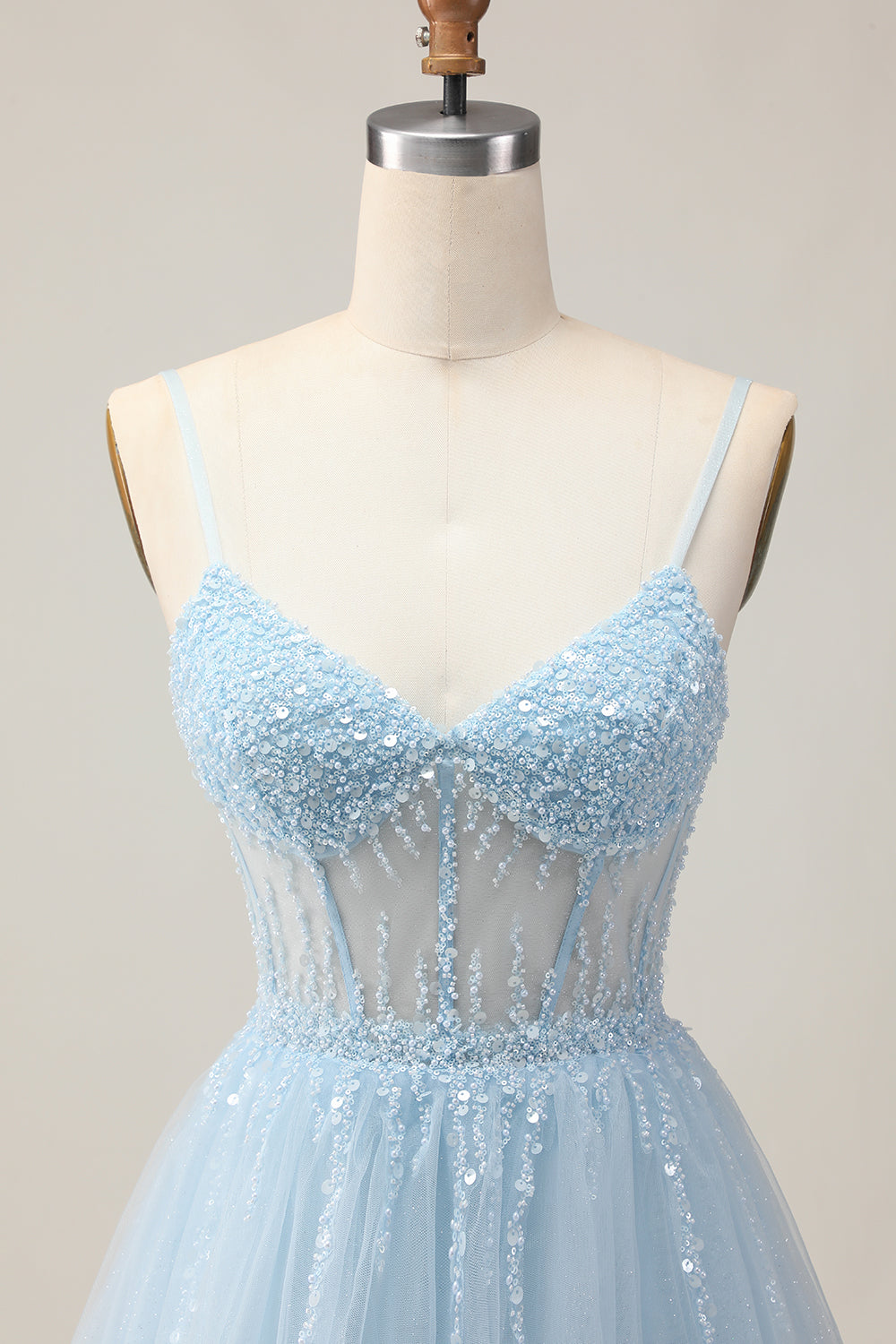 Sparkly Light Blue Tulle A Line Short Corset Homecoming Dress with Beading