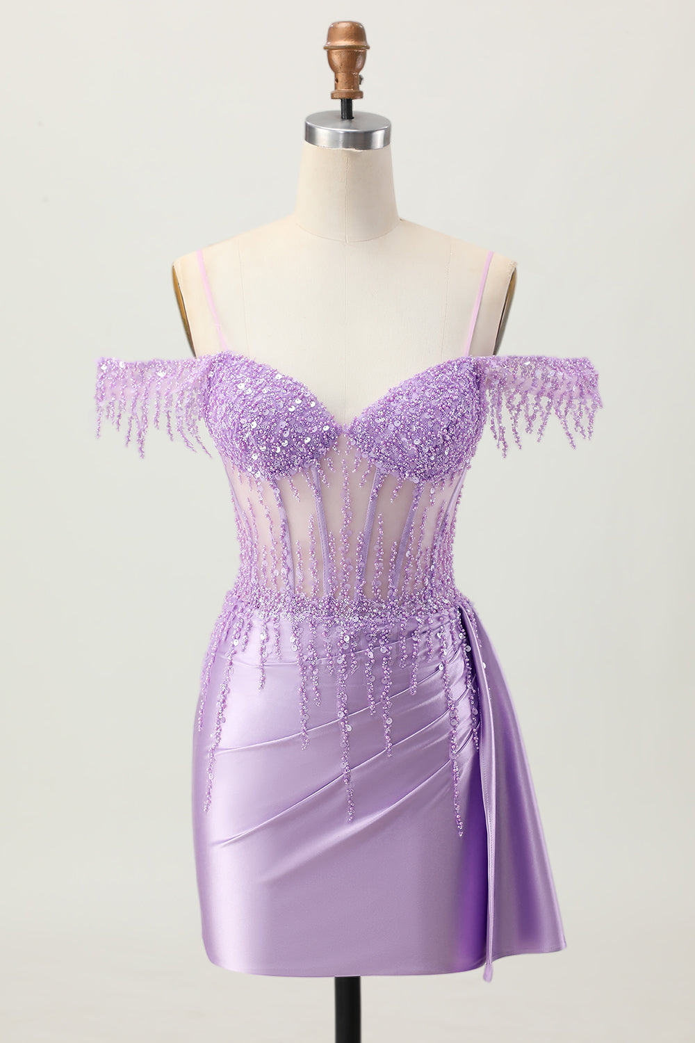 Sparkly Lilac Cold Shoulder Fringed Short Corset Homecoming Dress with Beading