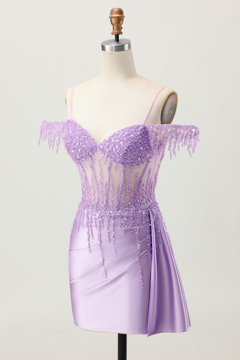Sparkly Lilac Cold Shoulder Fringed Short Corset Homecoming Dress with Beading
