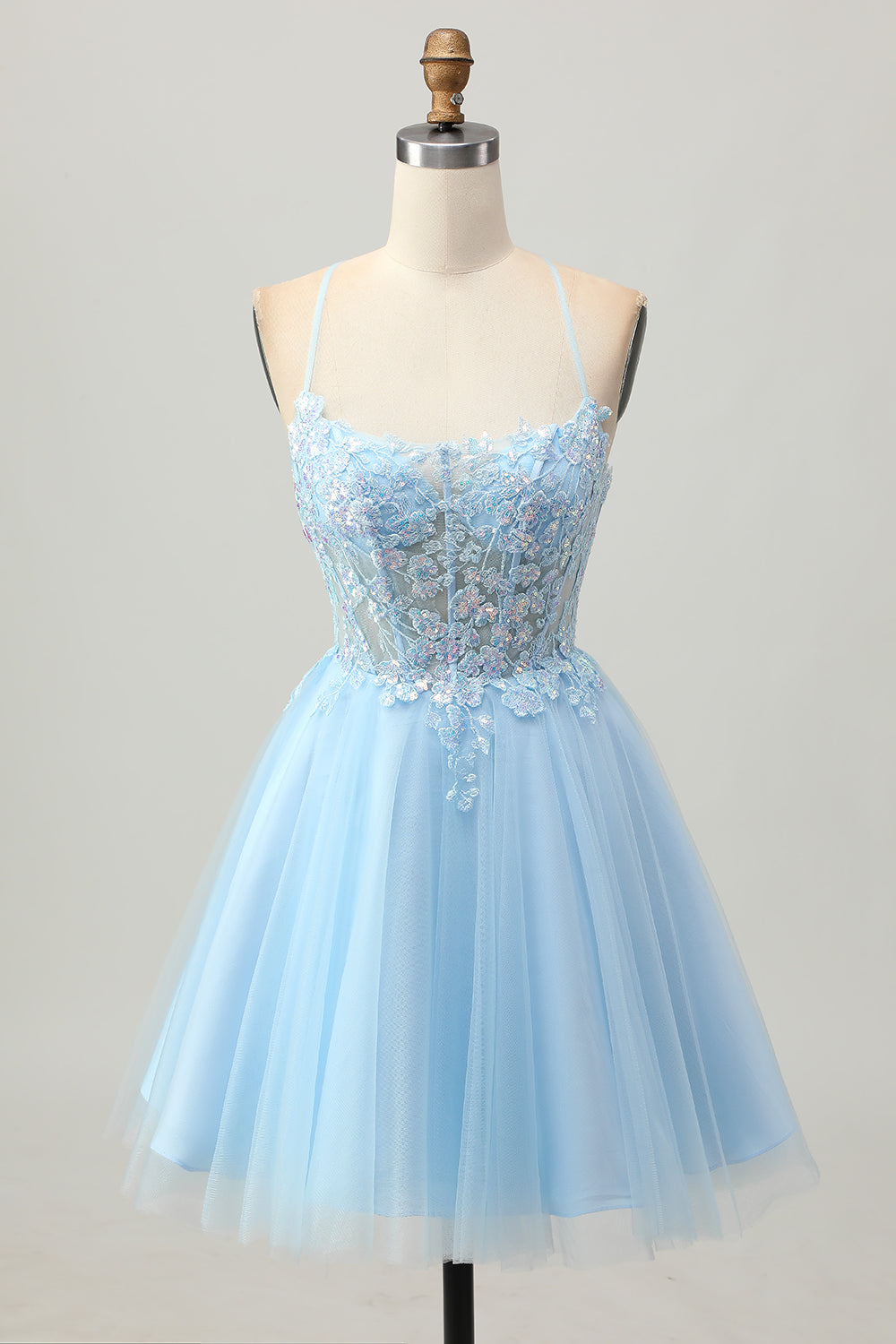 Sparkly Light Blue Tulle Short Corset Homecoming Dress with Appliques