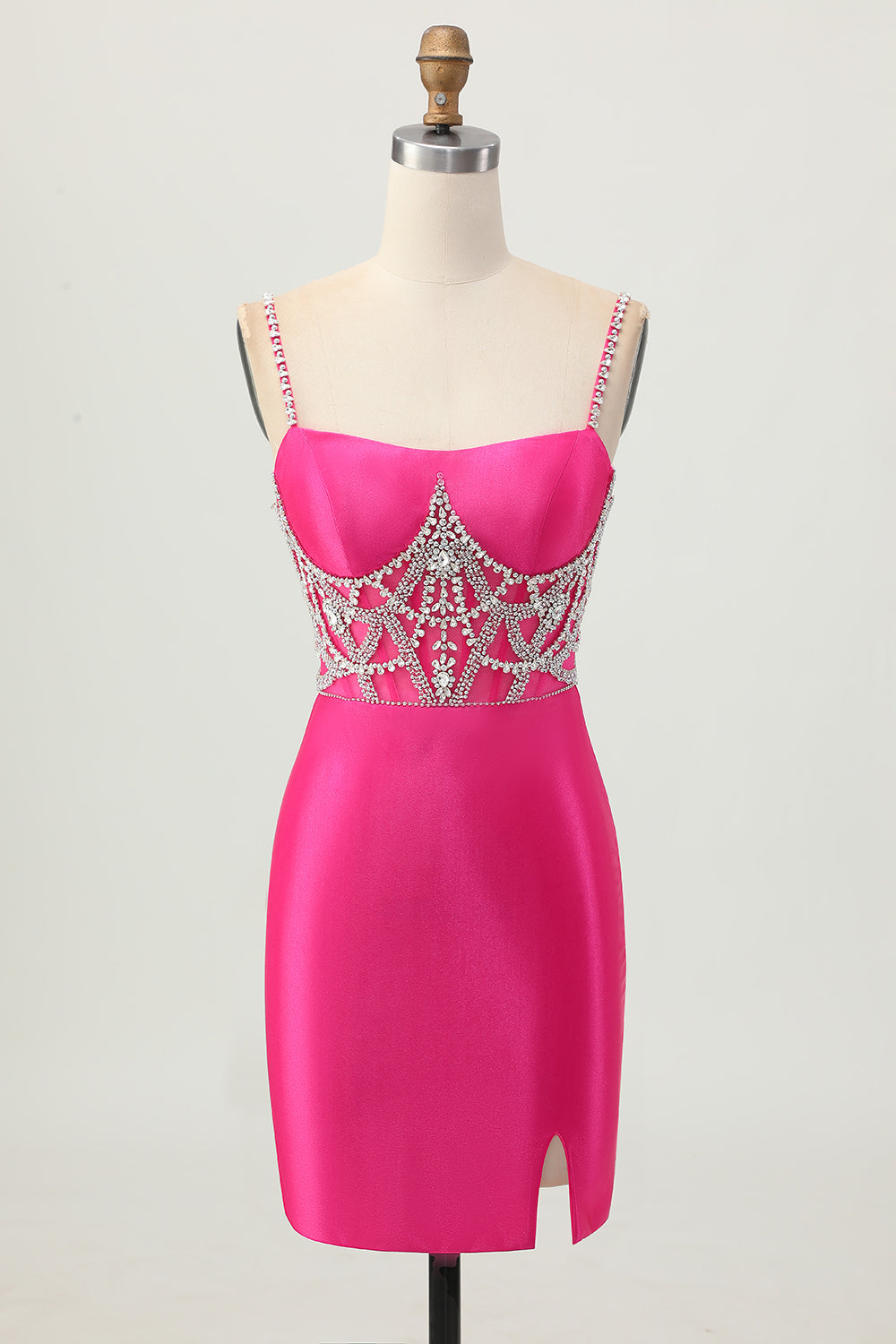 Sparkly Fuchsia Tight Satin Short Corset Homecoming Dress with Beading