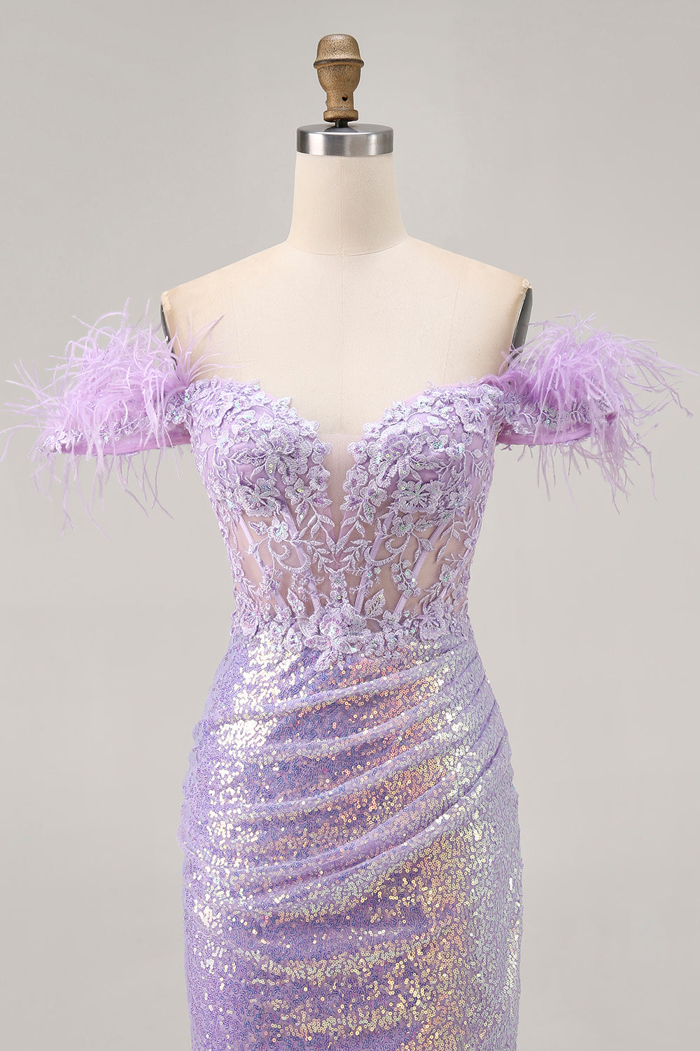 Sparkly Lilac Floral Tight Short Corset Homecoming Dress with Feathers