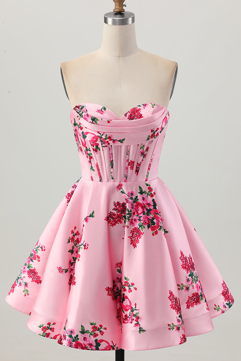 Satin Floral Pink Sweetheart Short Corset Homecoming Dress