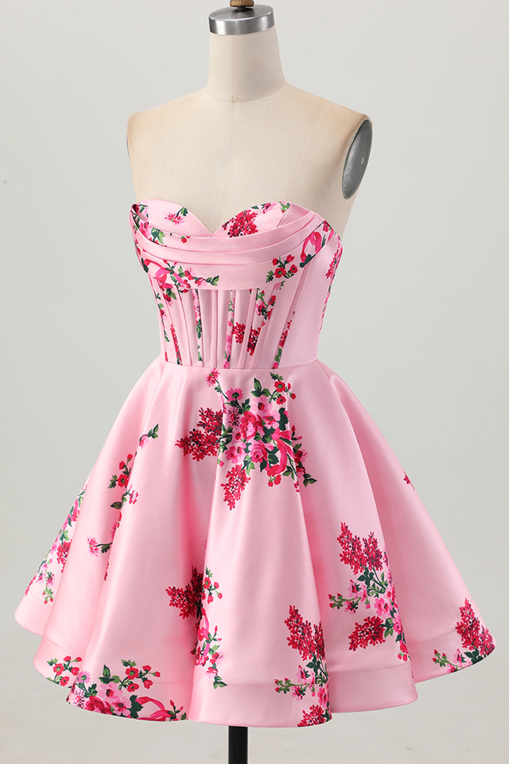Satin Floral Pink Sweetheart Short Corset Homecoming Dress
