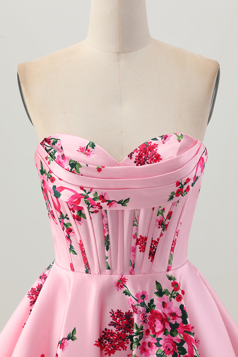 Satin Floral Pink Sweetheart Short Corset Homecoming Dress