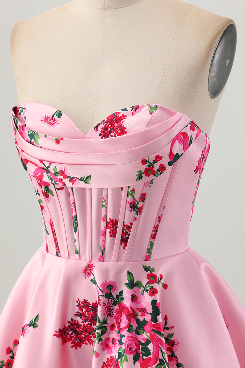 Satin Floral Pink Sweetheart Short Corset Homecoming Dress