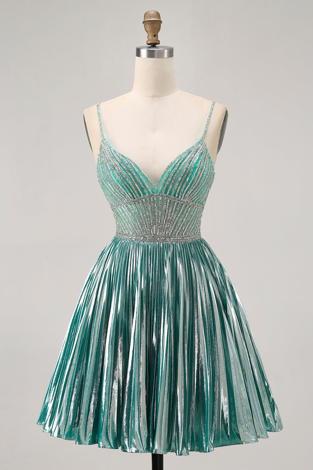 Sparkly Metallic Green A Line Short Homecoming Dress with Beading