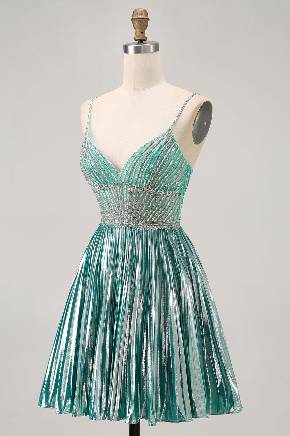 Sparkly Metallic Green A Line Short Homecoming Dress with Beading