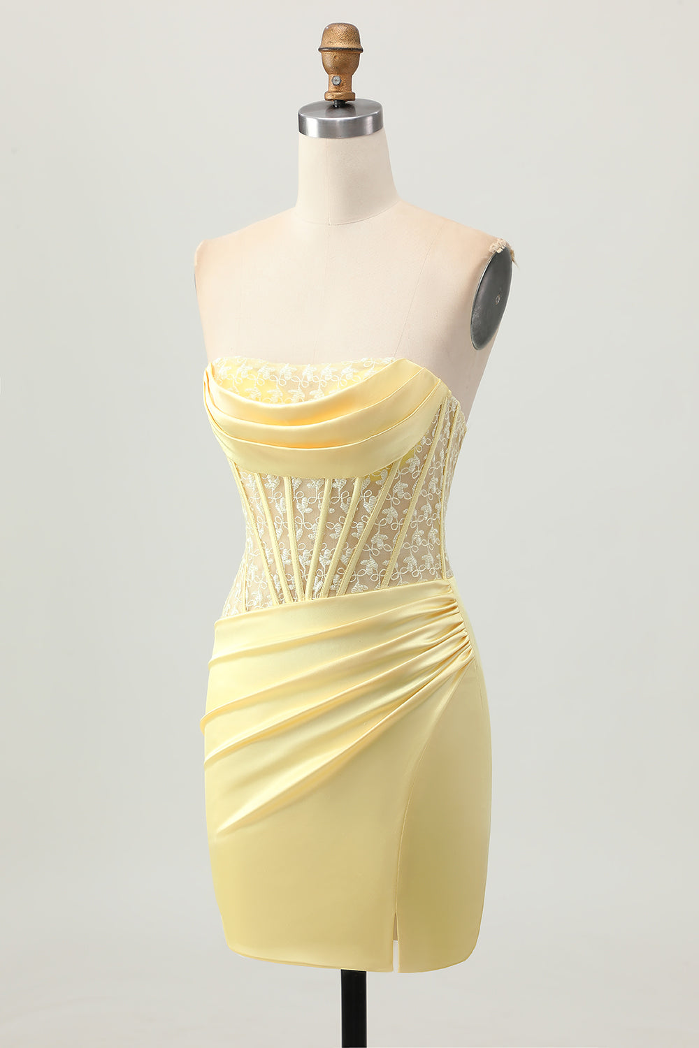 Yellow Strapless Tight Short Corset Homecoming Dress with Lace