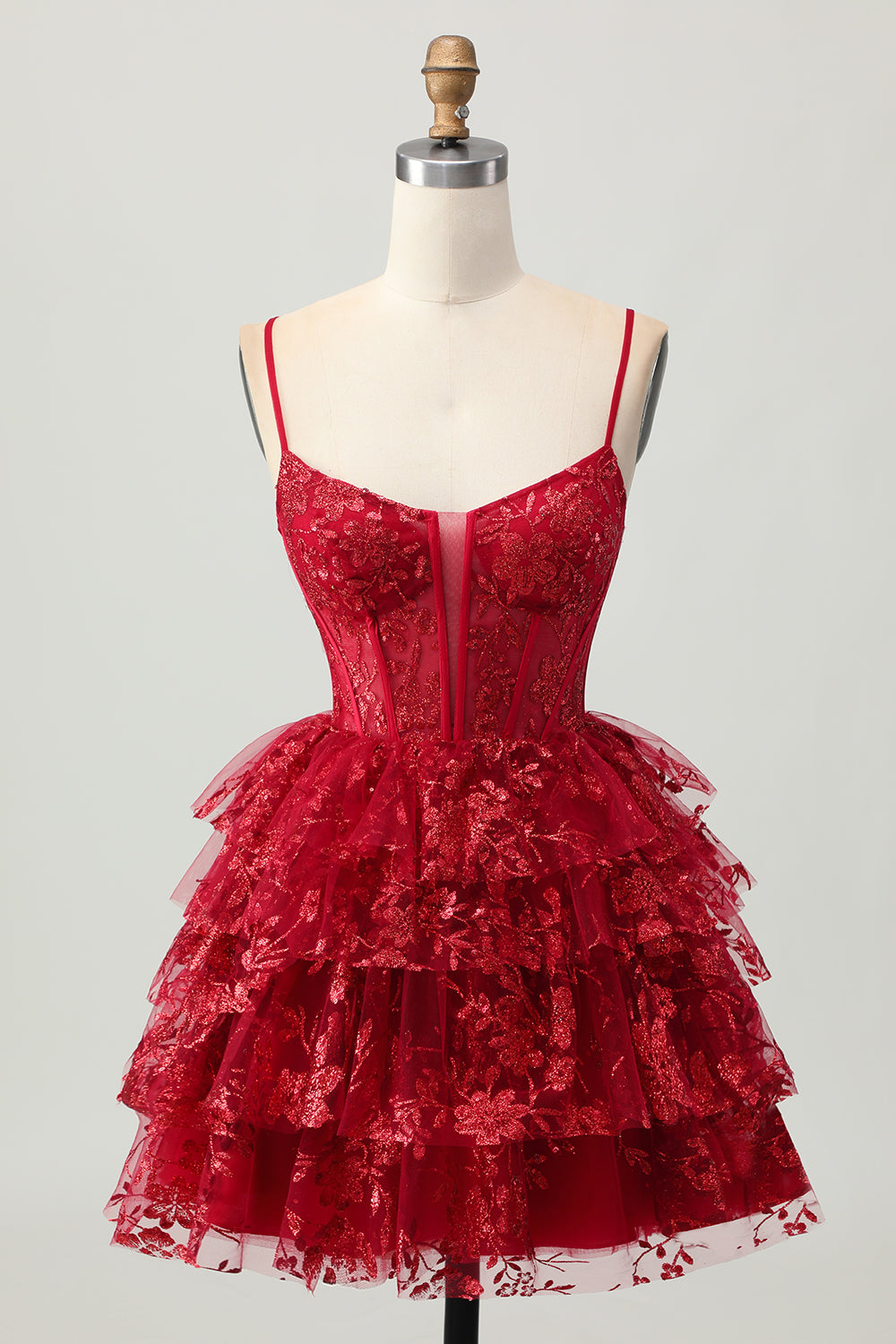Sparkly Dark Red A Line Short Corset Tiered Homecoming Dress with Lace