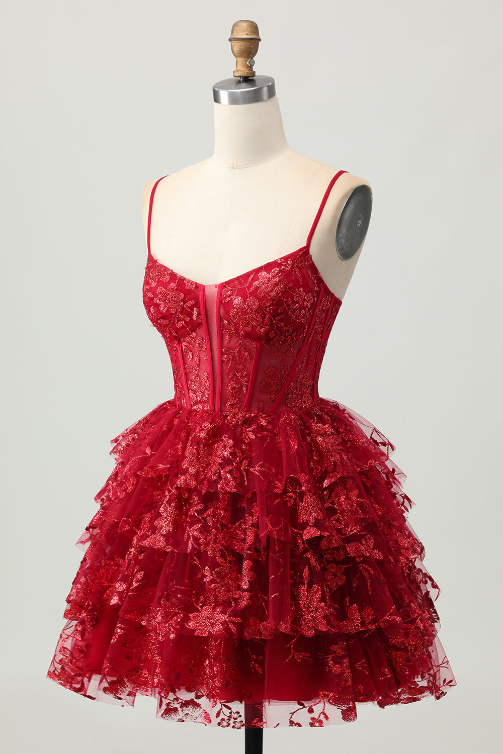 Sparkly Dark Red A Line Short Corset Tiered Homecoming Dress with Lace