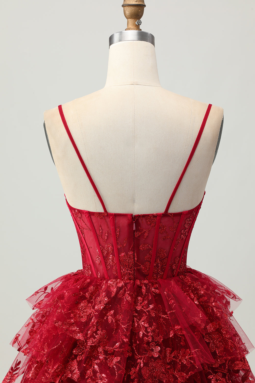Sparkly Dark Red A Line Short Corset Tiered Homecoming Dress with Lace