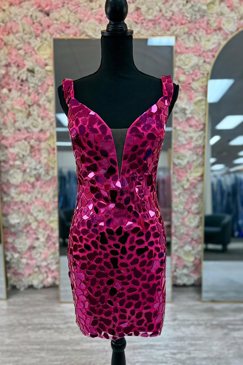 Sparkly Fuchsia Mirror V-Neck Tight Short Homecoming Dress
