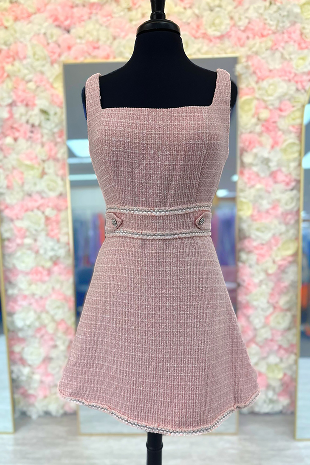 Pink Tweed A Line Button Short Homecoming Dress