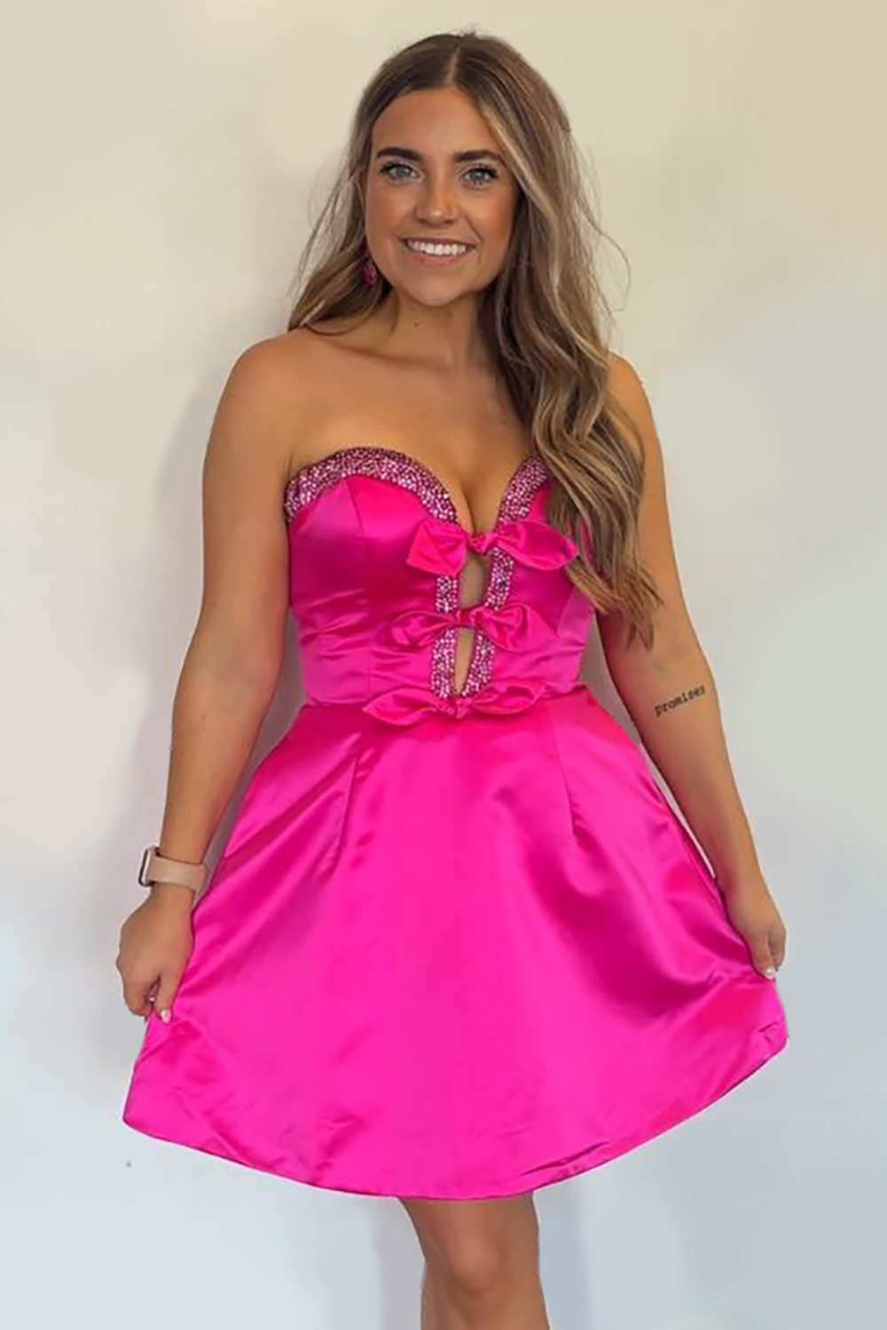 Sparkly Fuchsia Satin Strapless Beaded Short Homecoming Dress with Bows