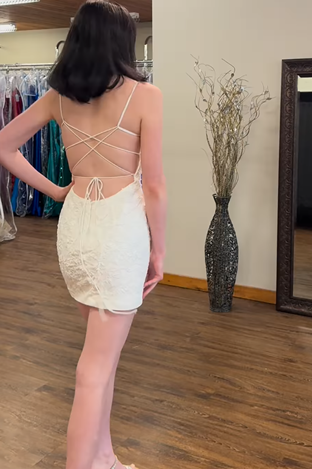 White Lace Tight Spaghetti Straps Short Homecoming Dress