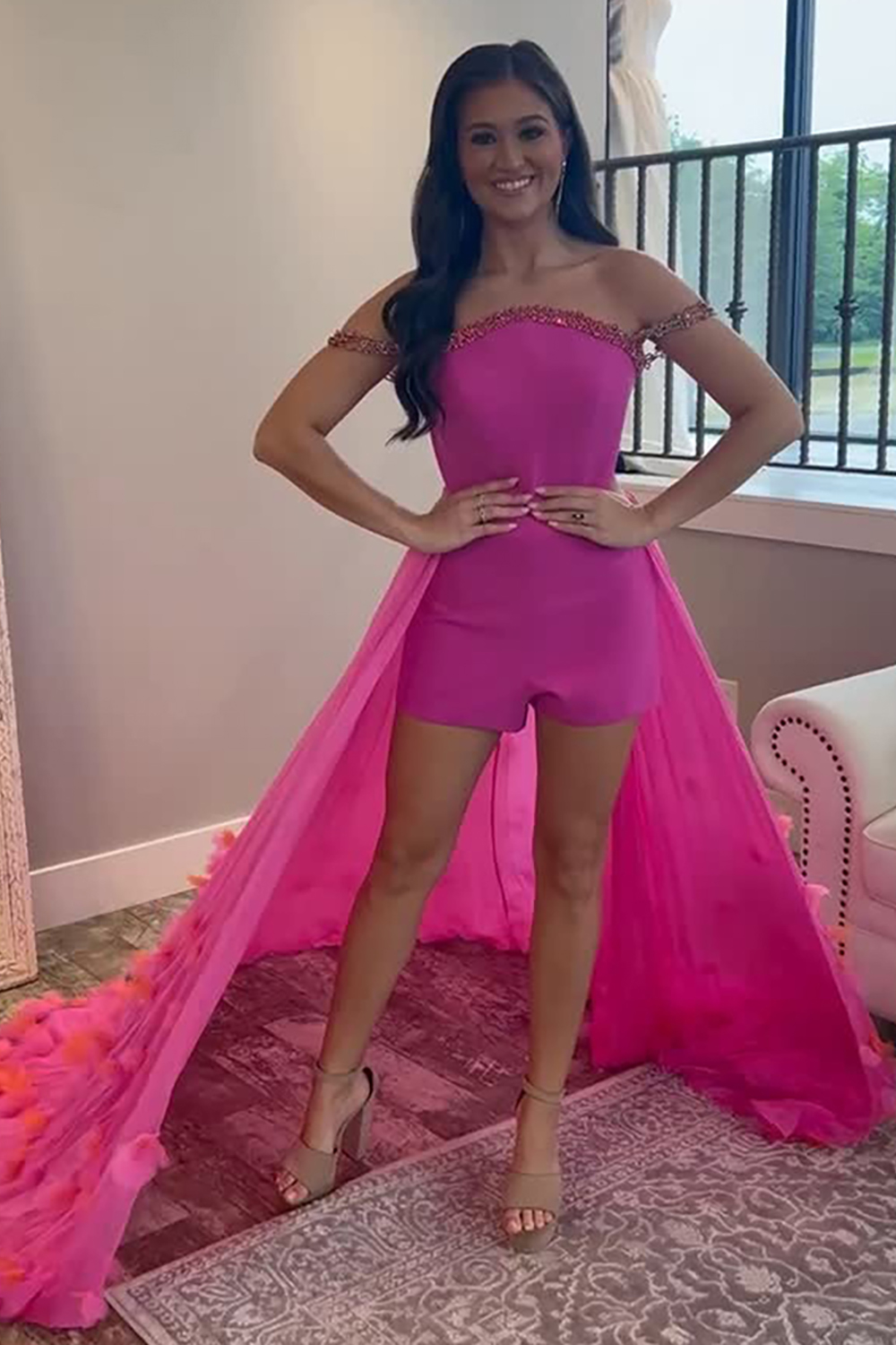 Sparkly Fuchsia Short Tight Homecoming Jumpsuit with Cape