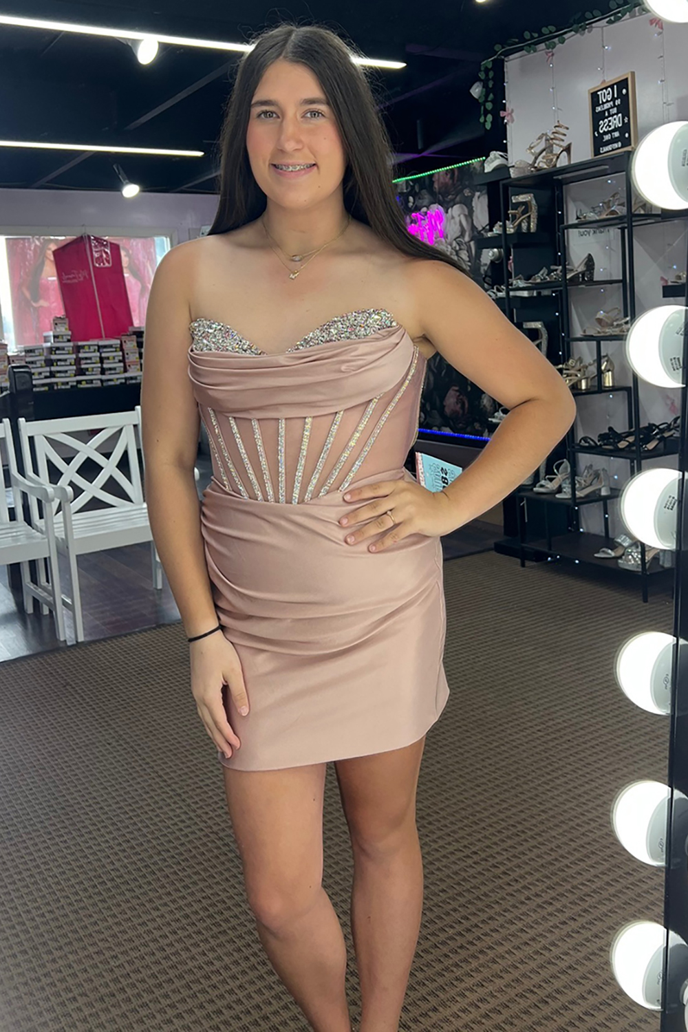 Sparkly Tight Blush Satin Sweetheart Short Corset Homecoming Dress