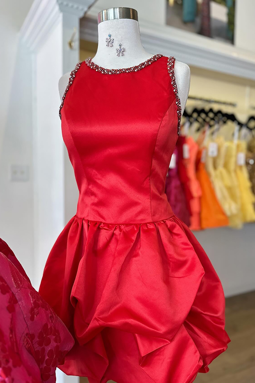 Sparkly Red A Line Beaded Satin Short Homecoming Dress