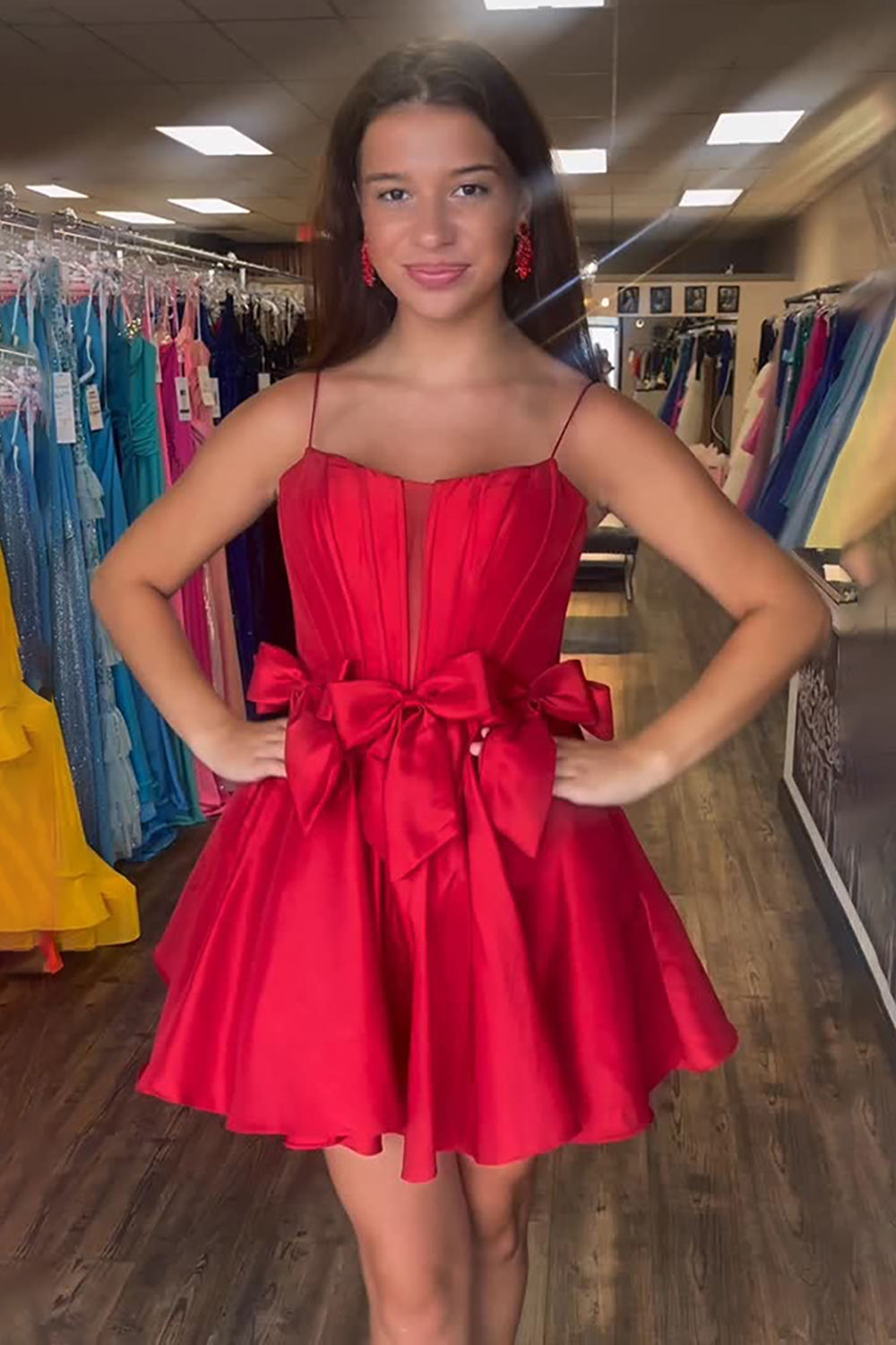 Red A Line Satin Short Corset Homecoming Dress with Bows