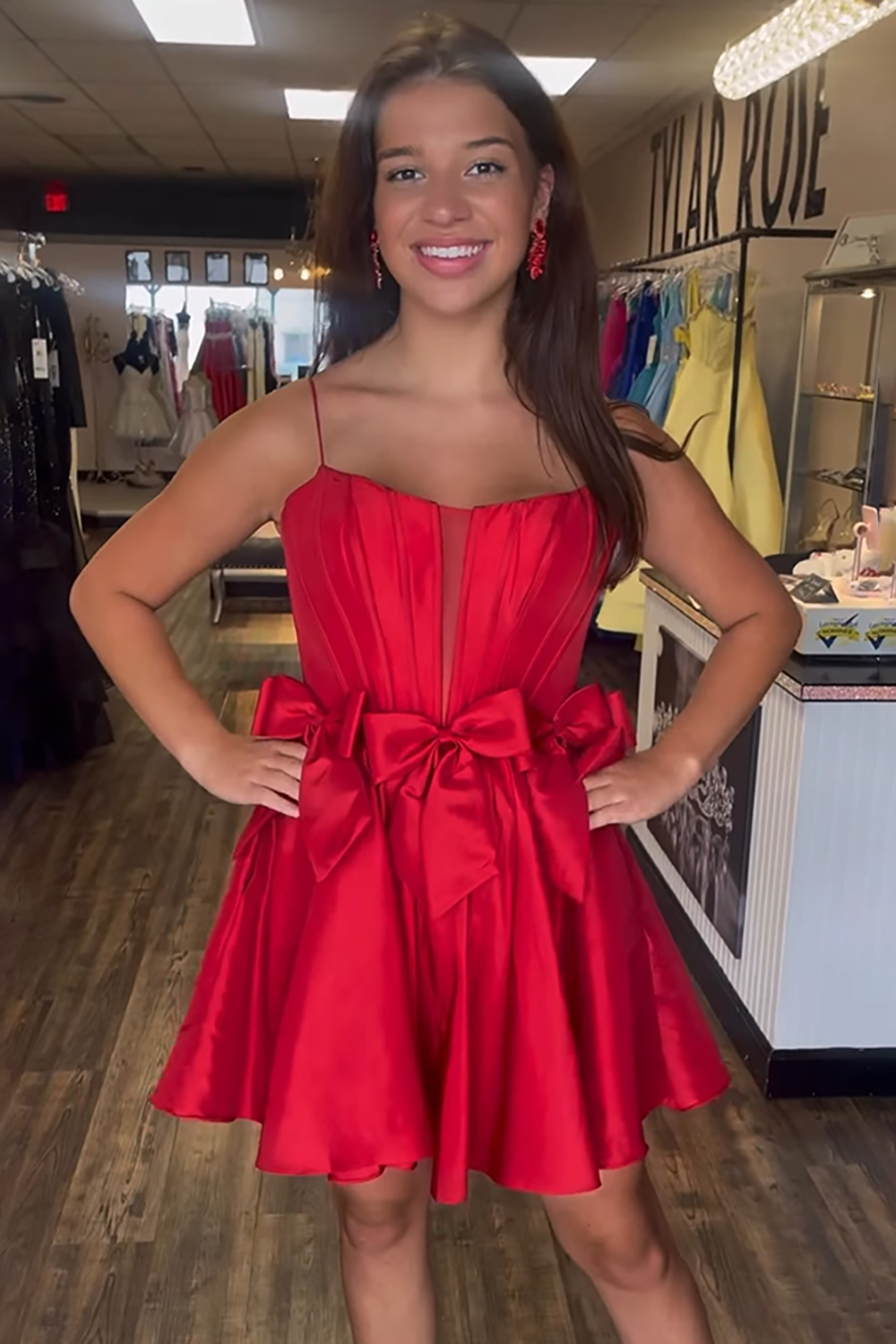 Red A Line Satin Short Corset Homecoming Dress with Bows