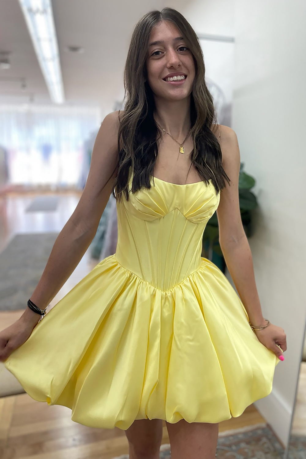 Yellow Satin Strapless A Line Short Corset Homecoming Dress
