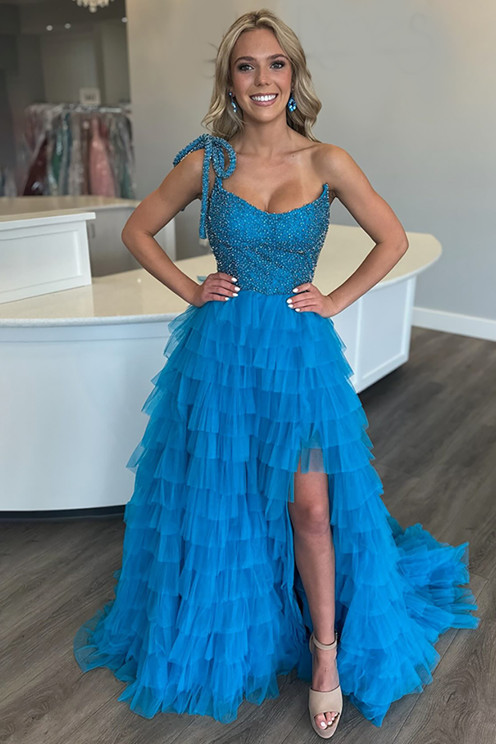 Sparkly White A Line Ruffled Tiered Beaded Long Pageant Dress with Slit