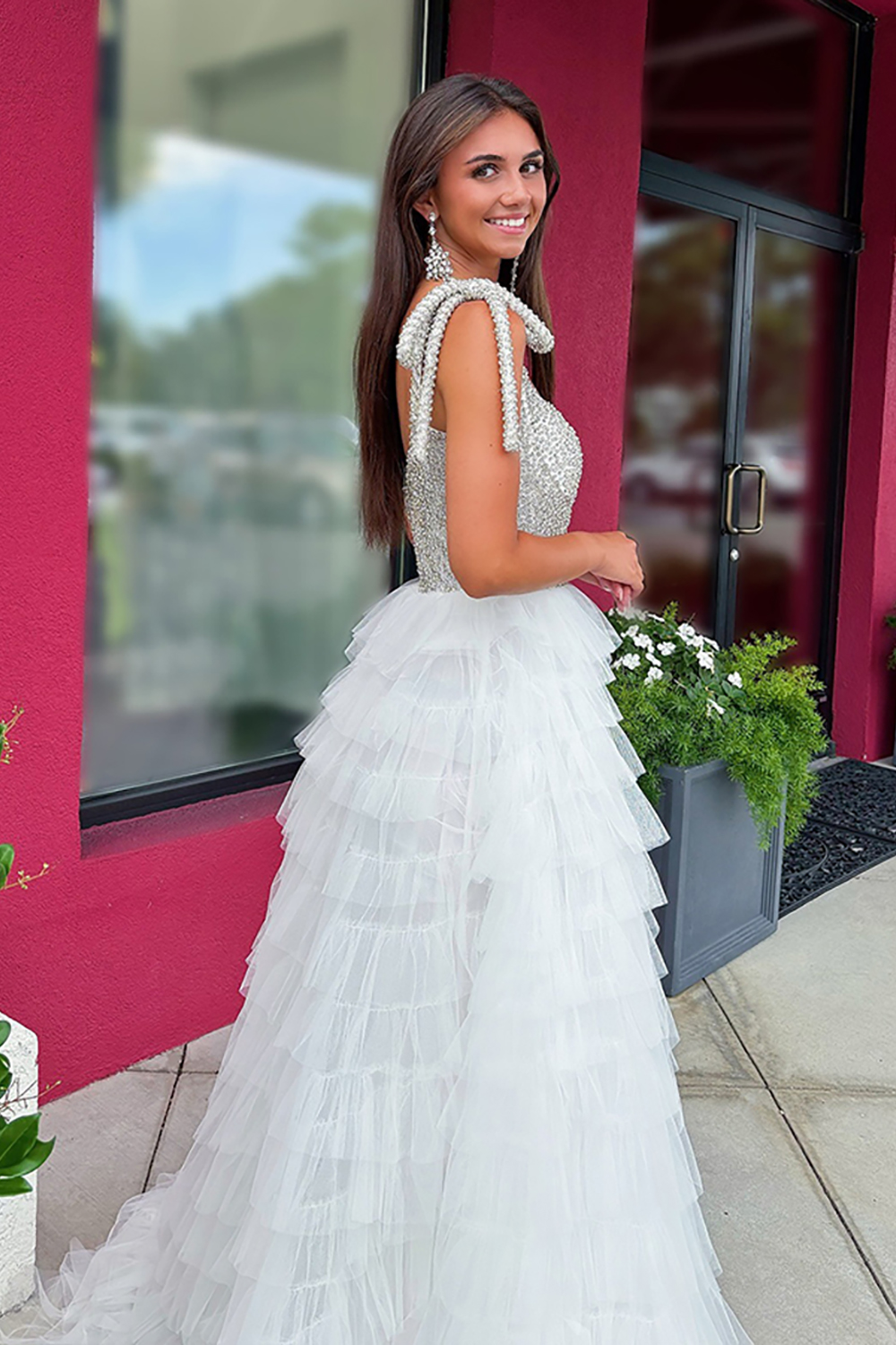 Sparkly White A Line Ruffled Tiered Beaded Long Pageant Dress with Slit