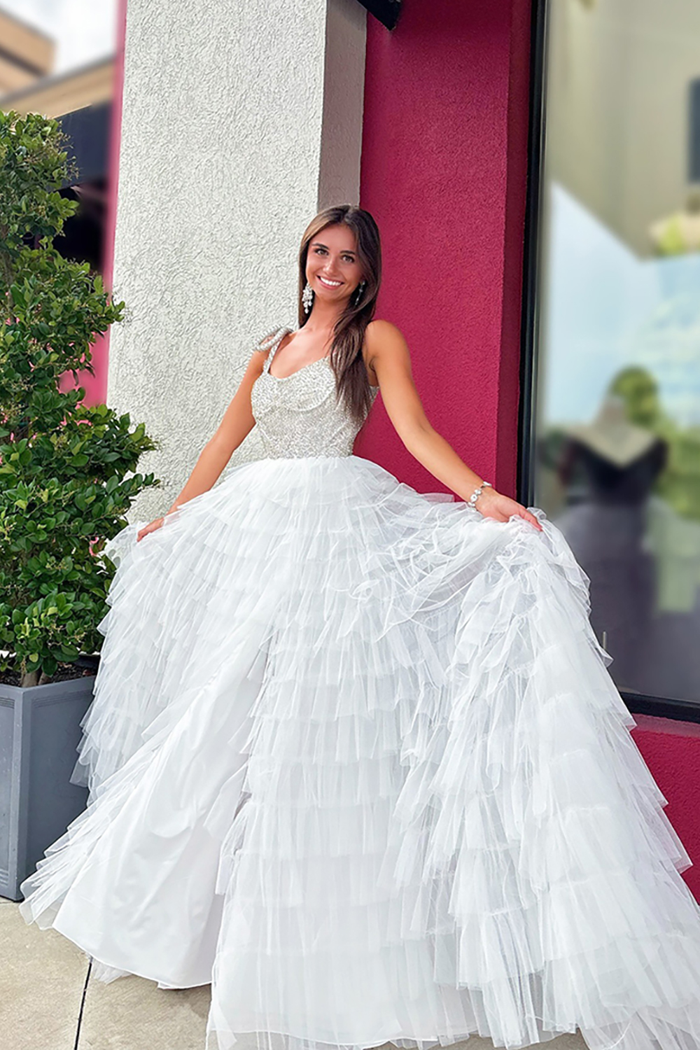 Sparkly White A Line Ruffled Tiered Beaded Long Pageant Dress with Slit