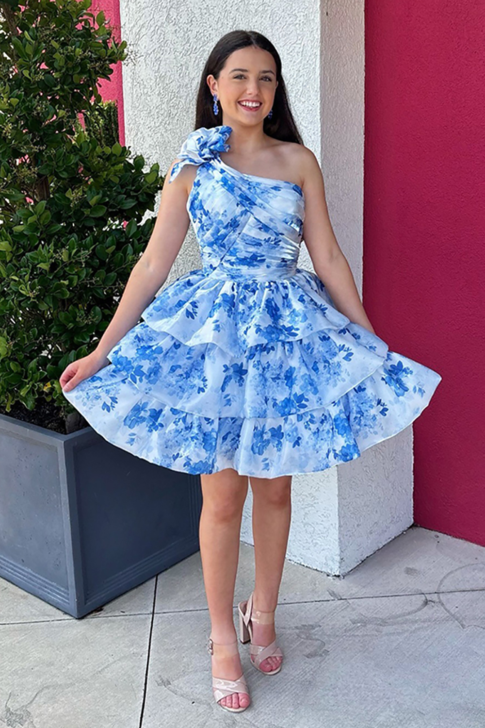 Blue Floral Ruffled A Line One Shoulder Short Homecoming Dress