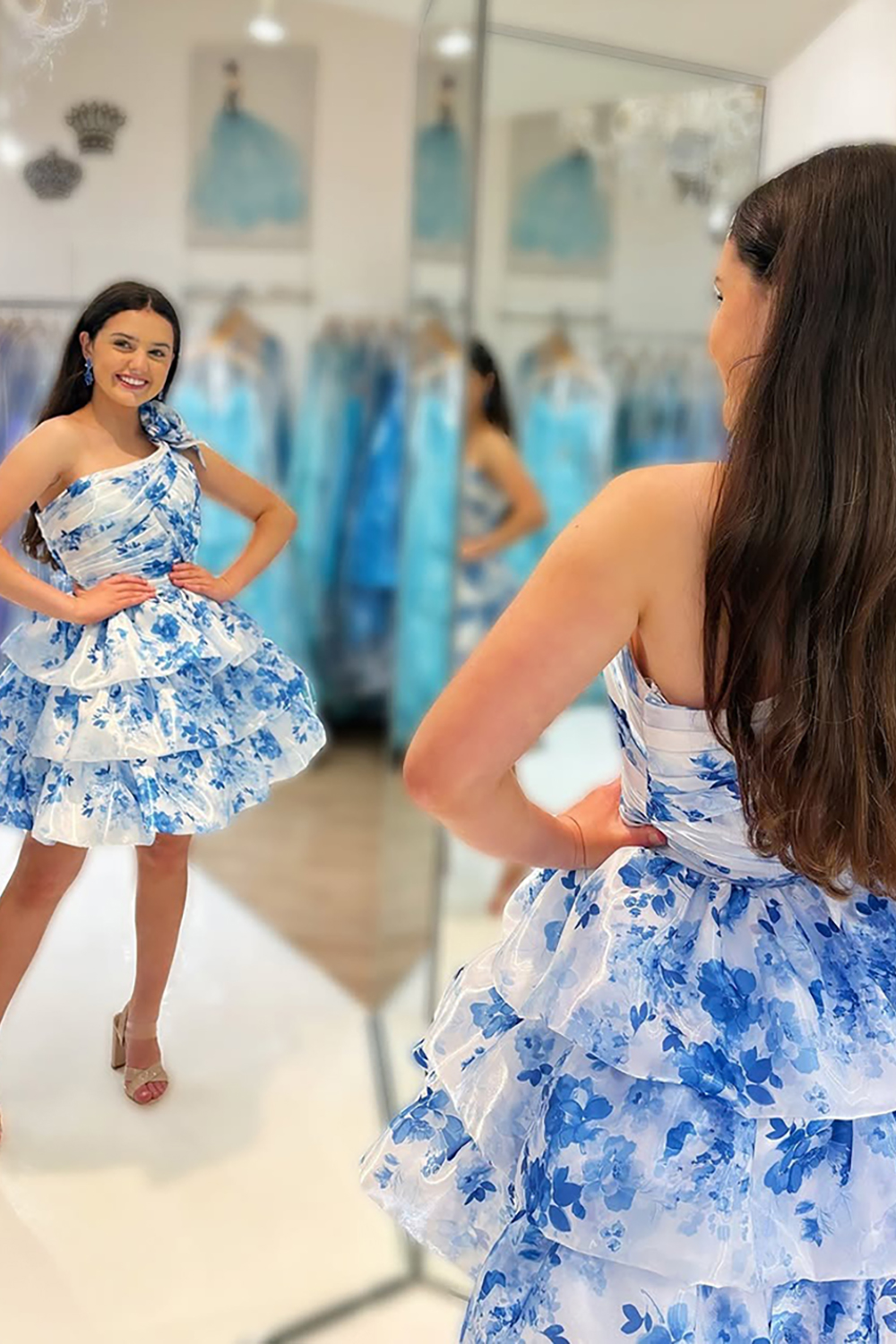 Blue Floral Ruffled A Line One Shoulder Short Homecoming Dress