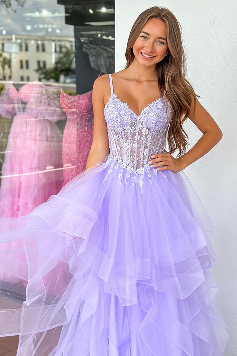 Sparkly Lilac Floral Corset Ruffled Tiered Long Prom Dress