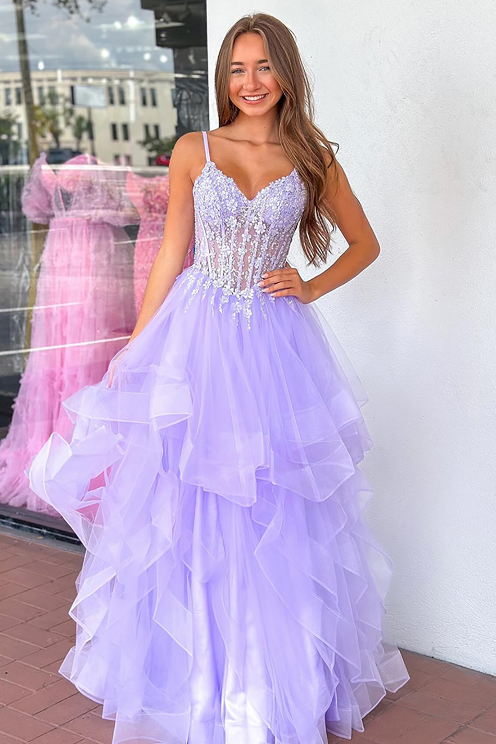 Sparkly Lilac Floral Corset Ruffled Tiered Long Prom Dress