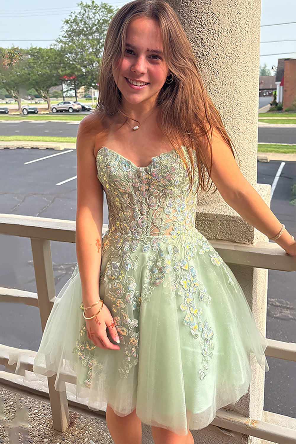 Sparkly Sage Appliqued A Line Short Corset Homecoming Dress