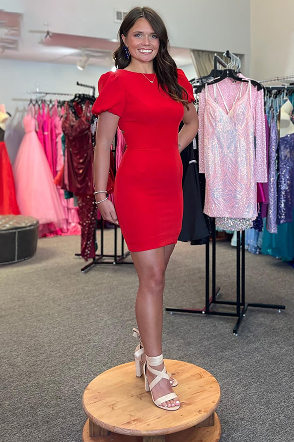 Red Short Sleeves Tight Homecoming Dress with Bow