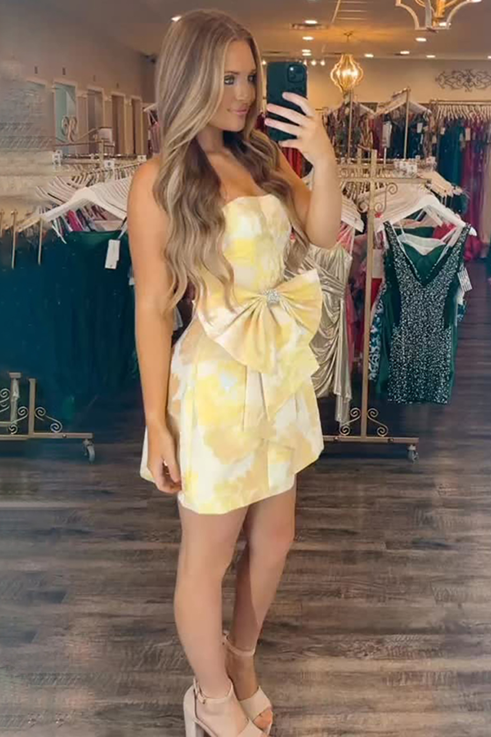 Sparkly Yellow Floral Printed A Line Short Homecoming Dress with Bow