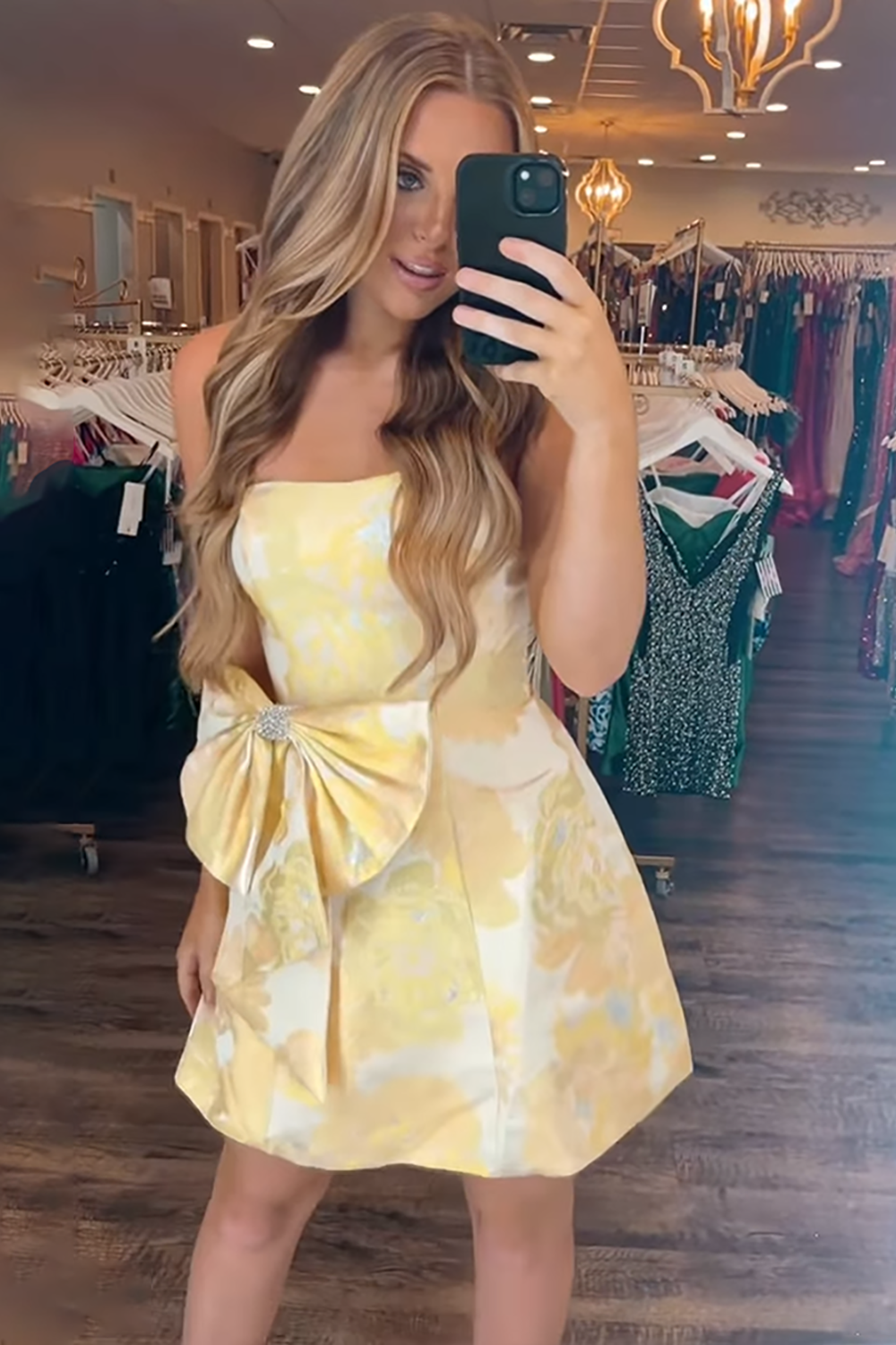 Sparkly Yellow Floral Printed A Line Short Homecoming Dress with Bow