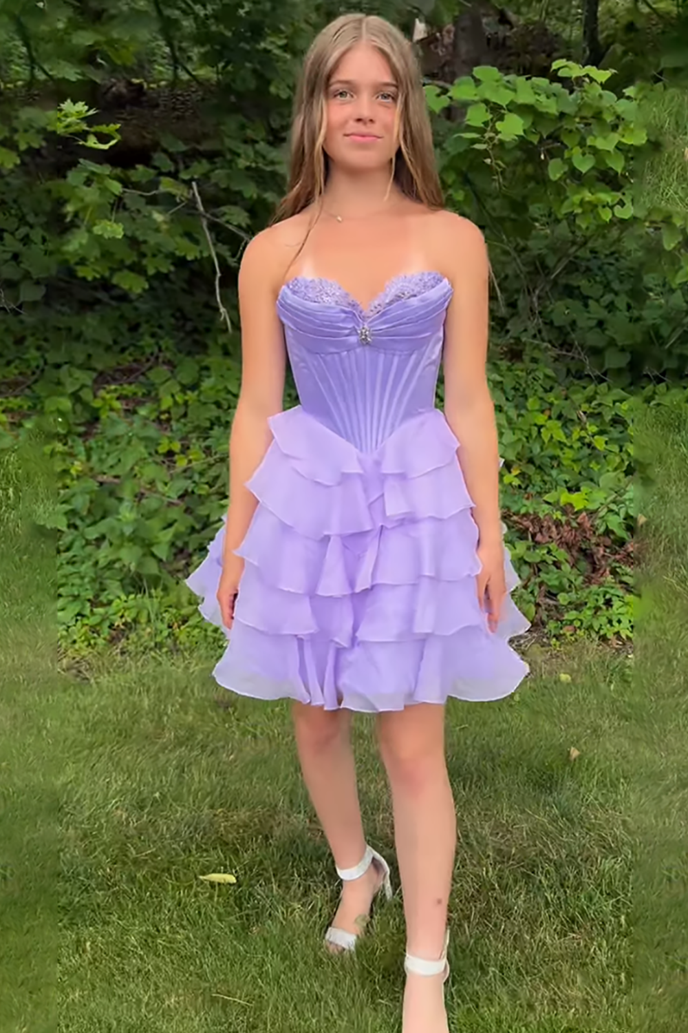 Sparkly Lavender Tiered Short Corset Homecoming Dress with Beading
