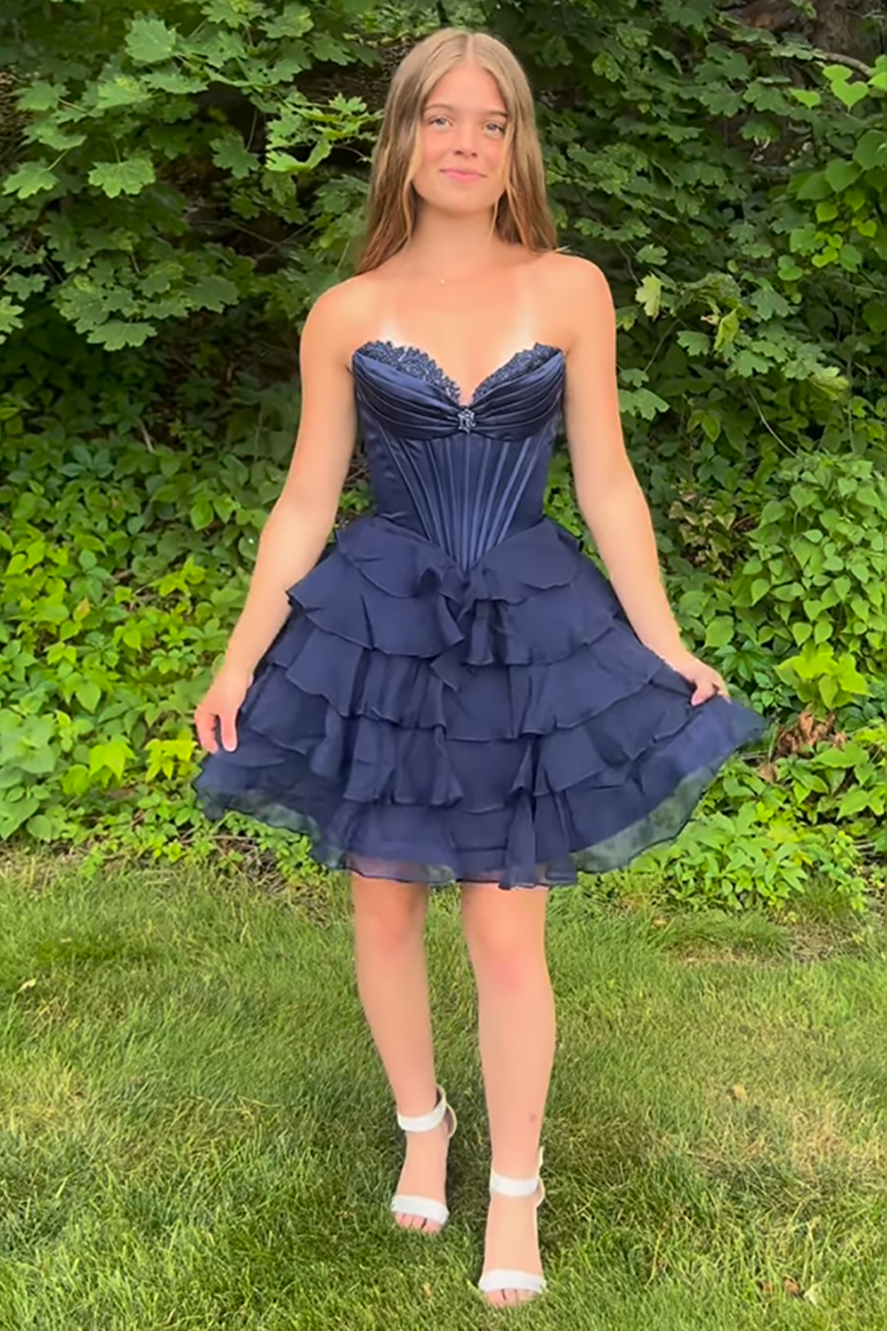 Sparkly Lavender Tiered Short Corset Homecoming Dress with Beading