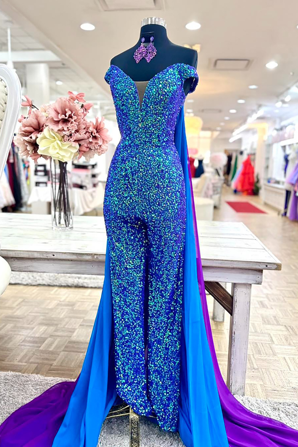Homrain Women Sparkly Royal Blue Sequin Long Prom Jumpsuits with Cape Off The Shoulder Hoco Rompers