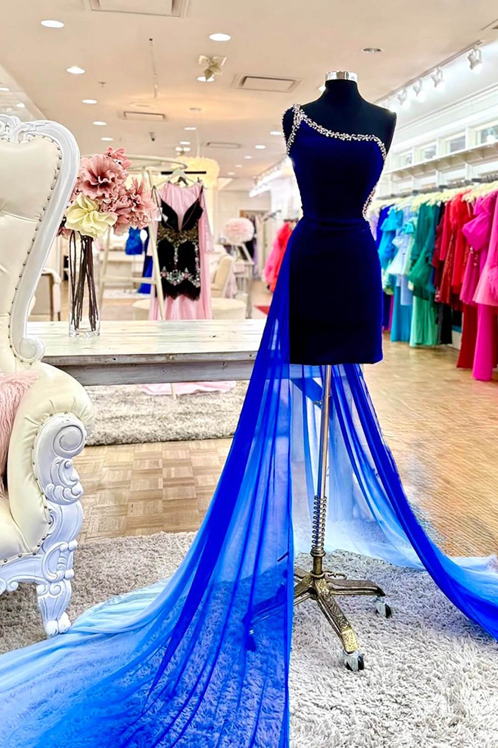 Sparkly Dark Blue One Shoulder Tight Watteau Train Homecoming Dress with Beading