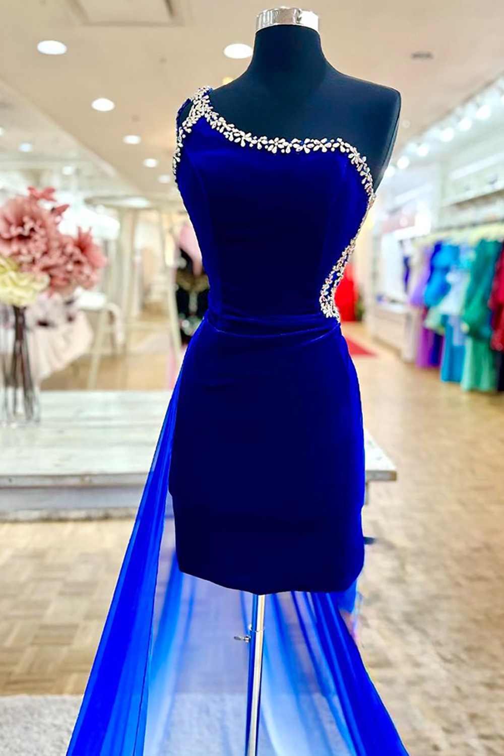 Sparkly Dark Blue One Shoulder Tight Watteau Train Homecoming Dress with Beading